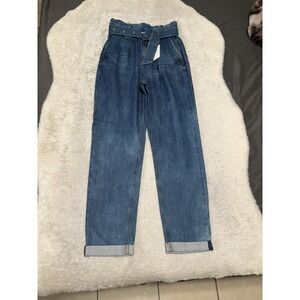 Forever 21‎ Womens Blue Denim Paper Bag Denim Jeans Size Medium Belt High Waist